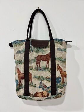 Horse Tapestry Tote with Brown Trim by J Garden